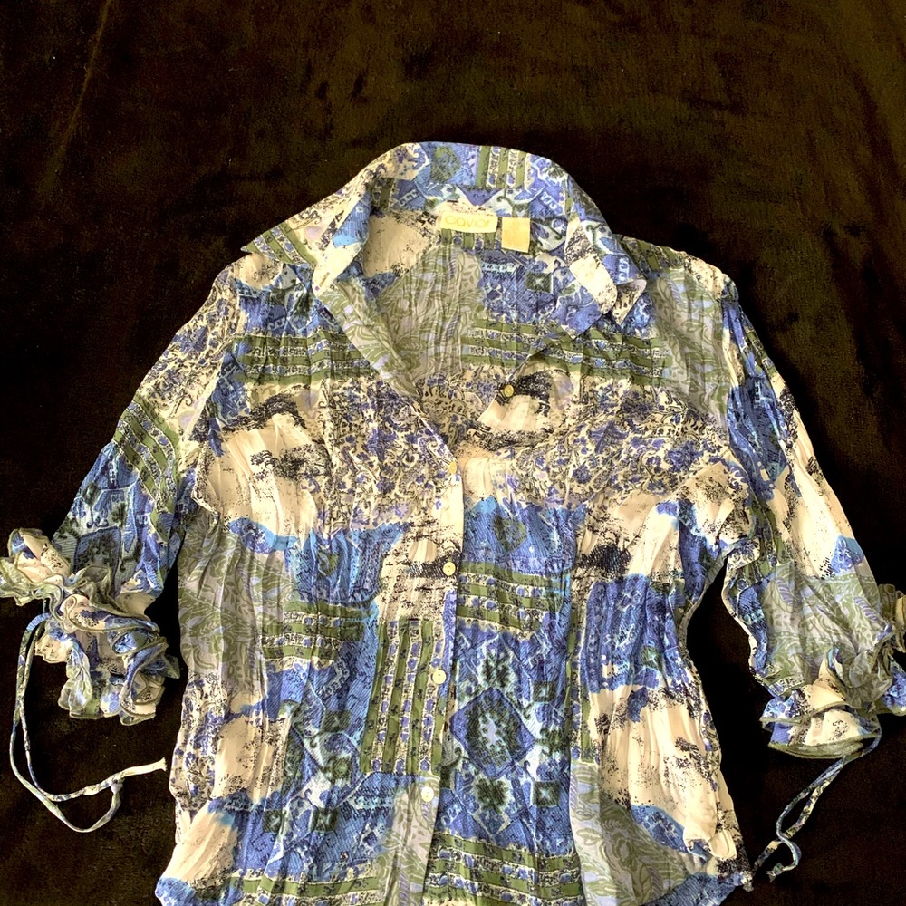 Caviar Blue and White Geometric Design Blouse - Picture 4 of 4